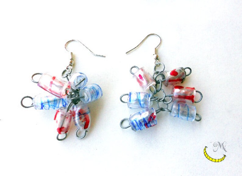 Beaded dangling earrings of Upcycled plastic handmade beads