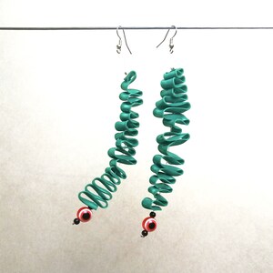 Long dangle earrings with greek eye pendant, upcycled plastic costume jewellery