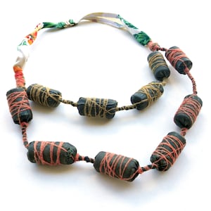 Textile necklaces for women with upcycled cork, fabric jewelry handmade necklace from recycled fabric and wine corks, sustainable gifts