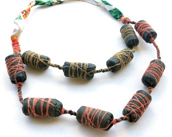 Textile necklaces for women with upcycled cork, fabric jewelry handmade necklace from recycled fabric and wine corks, sustainable gifts