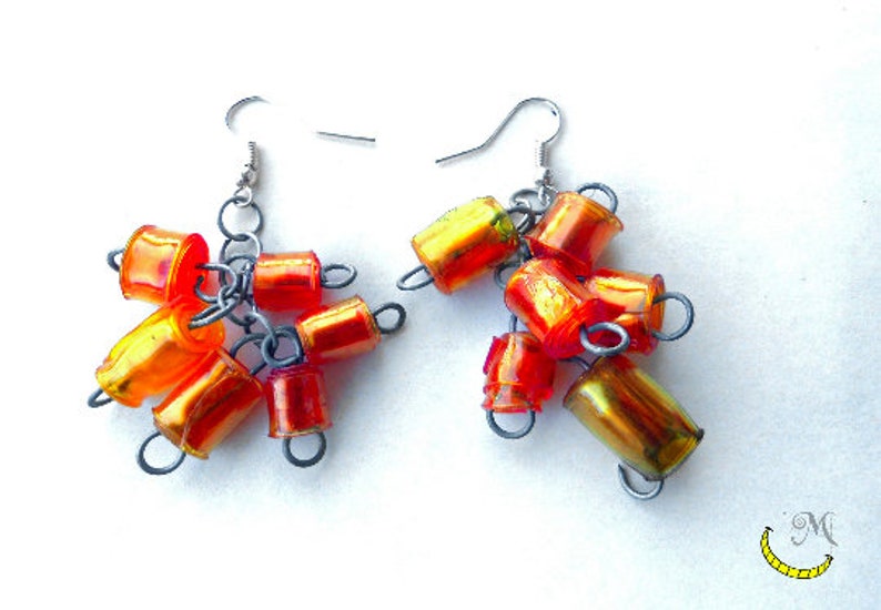 Beaded dangling earrings of Upcycled plastic handmade beads