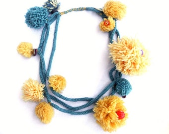 Wool necklace pom pom jewelry, long necklaces for women