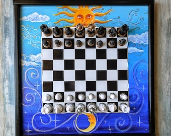 Celestial Chess game board, hand painted Chessboard, Sun and Moon theme Chess board.  Game room art