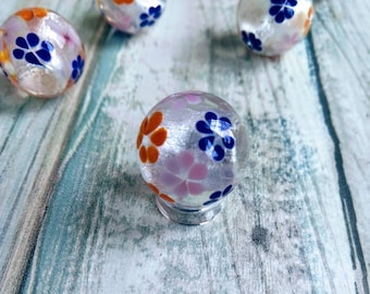 Morning Dew handmade marble, 22mm or 16mm glass marble, collector marbles, marble with flowers, pink, blue and orange flower marble, single