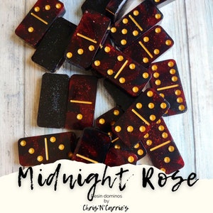 Midnight Rose domino set by Chris&#39;N&#39;Carrie&#39;s , black, gold and red dominoes, handpoured resing domino set, black rose dominoes, double six