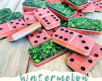 Watermelon dominoes, watermelon double six dominos, hand made resin dominos, family game dominoes, pink and green dominoes