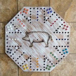 Pig Wahoo game board, pig decor Aggravation game board, 8 player Wahoo game with Pig design, wood burned pig art game, large family game