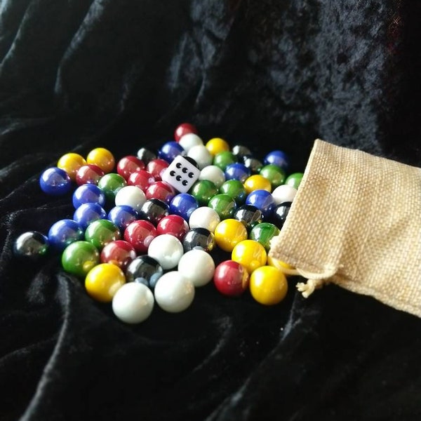 Game Bag Of 24 Glass Marbles (14mm) And 6 Dice For Aggravation