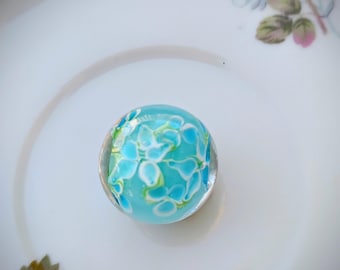 Hibiscus collector marbles, 22mm size turquoise blue marbles with white flower, cobble size collector marble, handmade glass marble