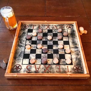 Texas Checkers. large Checker board, Chess board, re claimed wood, game room sign, folk art, rustic checkers, rustic chess- Framed