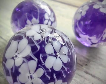 Sweet Daisy Handmade Glass Marble, Purple with White Flowers, Collector Gift