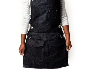 Short Water Proof Barber Hair Stylist Multi-purpose Crossback Black Jean Apron With Pockets (Petite)