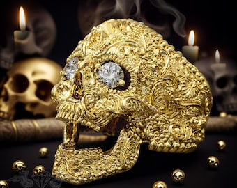 Gold Sugar skull ring with Moissanite gems in eyes - Floral Precious metal skeleton biker jewelry - Pinky gothic style gift for him