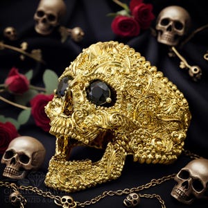 Gold Floral Sugar Skull Gold Ring - Boho Chic Statement Jewelry - Day of the Dead Gold Ring - Handcrafted Unique Floral Sugar Skull Design