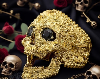 Gold Floral Sugar Skull Gold Ring - Boho Chic Statement Jewelry - Day of the Dead Gold Ring - Handcrafted Unique Floral Sugar Skull Design