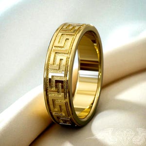 Handcrafted Greek Key Wedding Band - Classic Gold Ring