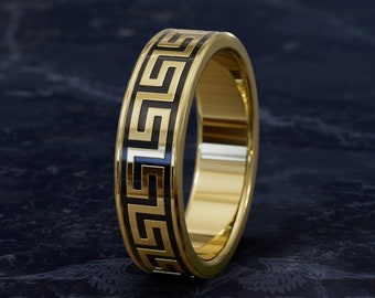 Wedding Greek key band with Enamel available in solid Gold 18K, 14K, 10K, solid Silver 925, Brass and Bronze, Available in all ring sizes
