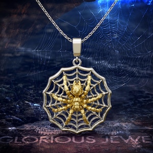 Handmade Wild Tarantula Pendant in Gold and Silver - Nature-Inspired Jewelry - Creepy-Cute Tarantula on Web Pendant Gift for Arachnid Lovers