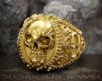 Floral Skull Signet Gold Biker Ring - Gothic Statement Jewelry - Unique Floral Skull Gold Signet Ring - Edgy Biker Style