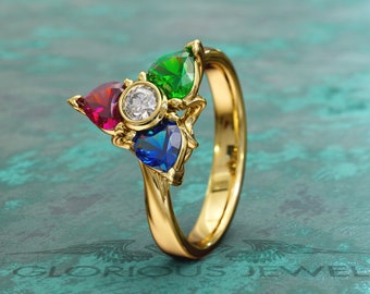 Crest Engagement Triforce Ring with Gemstone - Unique Handcrafted Gamer Jewelry - Geeky Crest Triforce Game Ring with Sparkling Gemstone