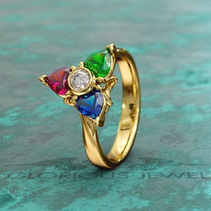 Crest Engagement Triforce Ring with Gemstone - Unique Handcrafted Gamer Jewelry - Geeky Crest Triforce Game Ring with Sparkling Gemstone