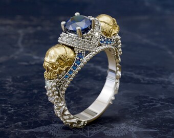 Sugar Skull Ring: CZ Stone, Sterling Silver, Gold Skulls
