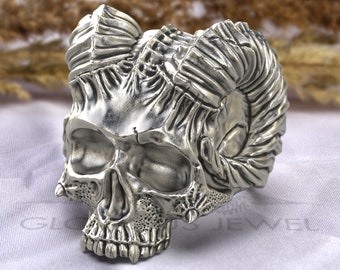 Demon with Horned Skull Ring, Scary Men Ring, Demon Big Ring, Thumb Ring for Men, Ram Skull Gothic Ring, Silver Men Biker Ring, Devil Ring