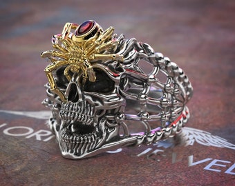 Spider ring jewelry, Skull Biker ring, Spider jewelry, Cabochon stone, unique jewelry, custom made rings, biker rings women, Biker ring