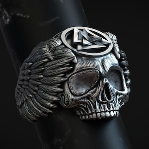 Odin Viking Raven Skull Ring - Solid Silver Valhalla Ring