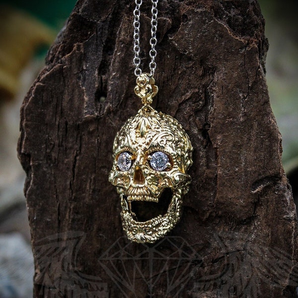 Sugar Skull Biker pendant with Stones available in Brass, Bronze, Silver 925, Gold 14K & 18K with worldwide FedEX EXPRESS shipping