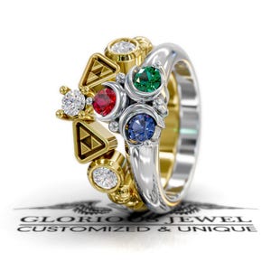 Unique Crest Triforce Ring Set - Matching Band Included available in Silver 925, solid Gold 10K, 14K and 18K with worldwide shipping