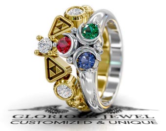Unique Crest Triforce Ring Set - Matching Band Included available in Silver 925, solid Gold 10K, 14K and 18K with worldwide shipping