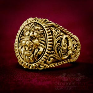 Handcrafted Lion Signet Ring in Gold and Silver - Floral Design Lion Signet jewelry - King men Unique Ring with Intricate Floral Motif