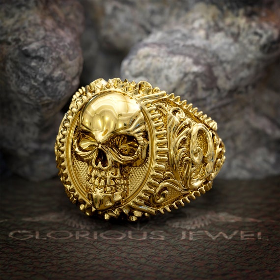 Floral Skull Signet Gold Biker Ring Gothic Statement Jewelry Unique Floral Skull Gold Signet Ring Edgy Biker Style Etsy Canada