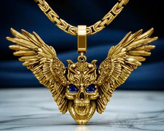 Winged Skull Pendant: Sterling Silver Biker Necklace, Cubic Zirconia Eyes