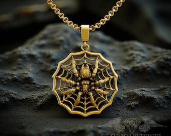 ゴールドスパイダーネックレス：ゴシックブラックウィドウペンダント