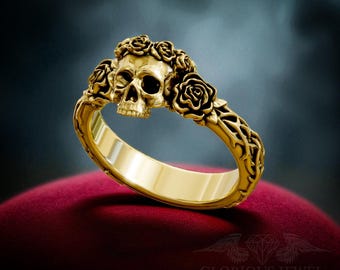 Handmade Rose Skull Ring: Silver Skulls and Bones Jewelry