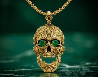 Sugar Skull Biker Pendant with CZ Stones: Brass, Bronze, Silver, or Gold