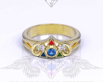 Hyrule Crest Triforce game ring with enamel available in Silver 925, Solid Gold 14K, 18K, Brass & Bronze with Free FedEX EXPRESS shipping