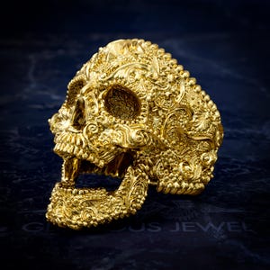 Unique Day of the Dead Boho Gothic Sugar Skull Biker Floral Signet Ring available in Silver 925, solid Gold 10K, 14K and 18K
