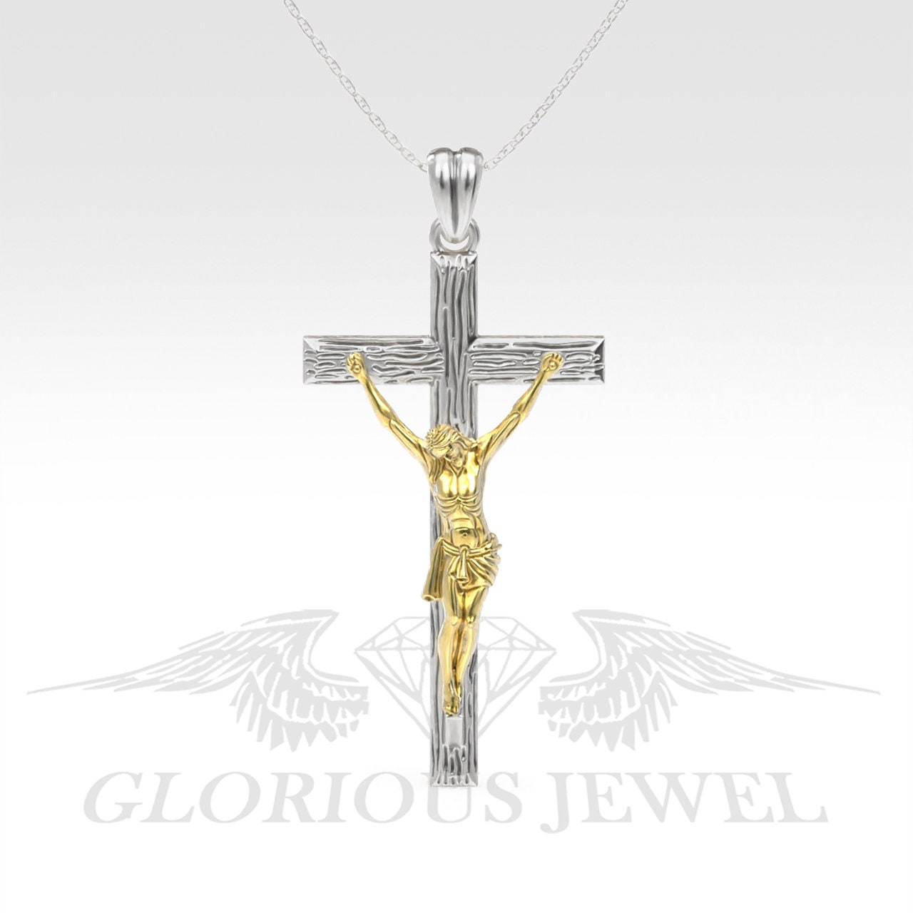 Catholic Jesus Christ INRI Crucifix Cross Necklace Pendant – Medium 1.44", 14K White Gold, Handmade In USA - View #14