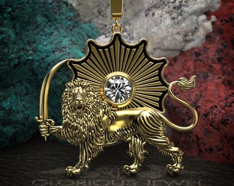 Lion and Sword Pendant: Shir o Khorshid Jewelry, CZ Stone