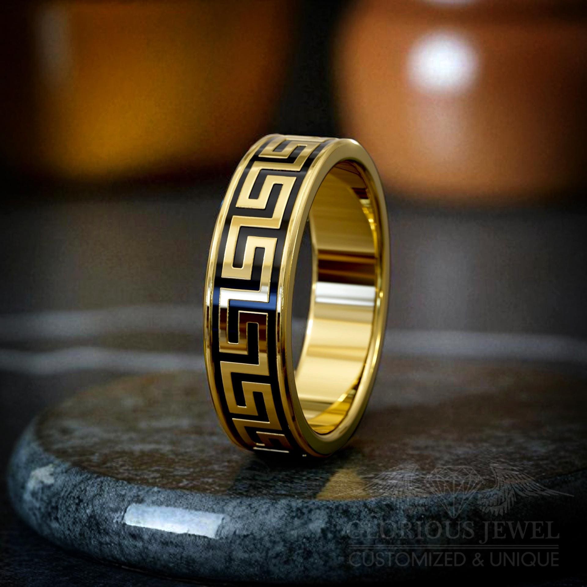 Handcrafted Wedding Greek Key Band with Enamel Detailing - Unique Enamel Wedding Band with Greek Key Motif - Elegant Greek Wedding Ceremony