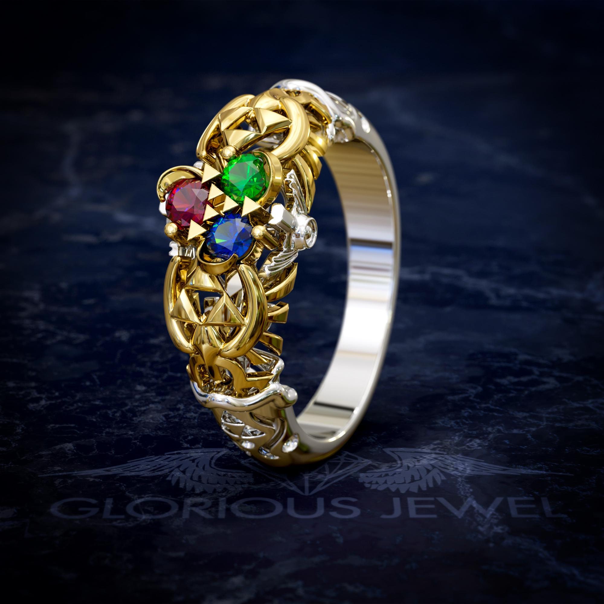 Domain Engagement Ring Video Game Jewelry - Triforce Inspired Proposal Ring Hyrule Gamer Gift - Handcrafted Gold & Silver Proposal Ring