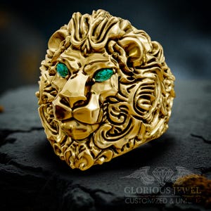 Bague Lion en or 18 carats avec yeux en pierres précieuses - Chevalière imposante - Bijou animalier pour homme - Bague Lion en or massif coulé