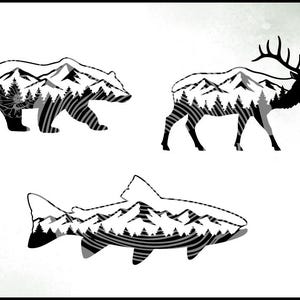 May include: A set of three black and white graphic designs featuring a bear, an elk, and a fish, each filled with a mountain and forest landscape silhouette. The text Joyful and Simple Designs appears in the top right corner near a tree ring icon.
