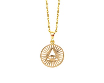 Eye of Horus circle pendant Gold Plated 18k, handmade. Wedjat eye simbol of Ancient Egypt. Eye of Ra, represents well-being. Chain included.