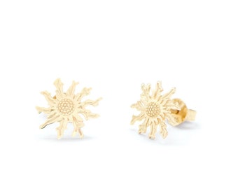 Stud Earrings Eguzkilore 9k Gold - Sunflower Earrings  -Basque Jewelry -Euskal Bitxiak -Cardabelle Flower -Gold Jewelry -Talisman Earrings