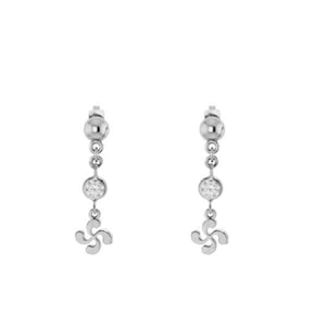 May include: A pair of silver-toned earrings. Each earring features a small ball at the top, a clear round gem, and a stylized Basque cross design. The earrings are displayed against a white background.