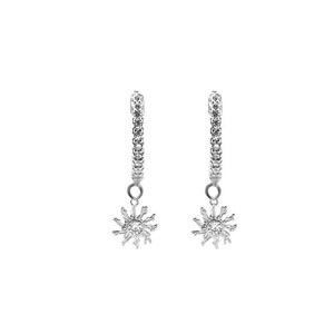 May include: A pair of silver hoop earrings with a dangling starburst charm. Each charm is made of small, clear stones.
